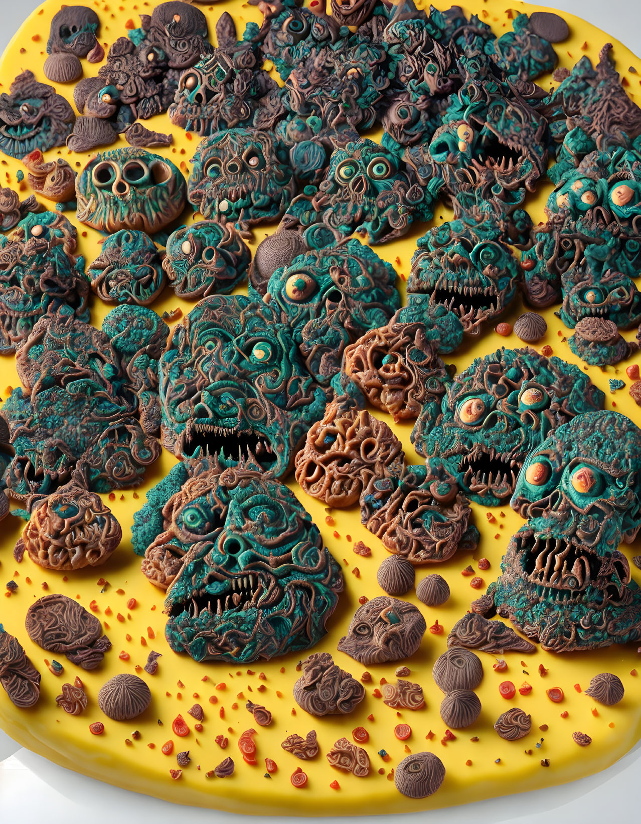 Detailed Horror-Themed Chocolate Sculptures on Yellow Surface