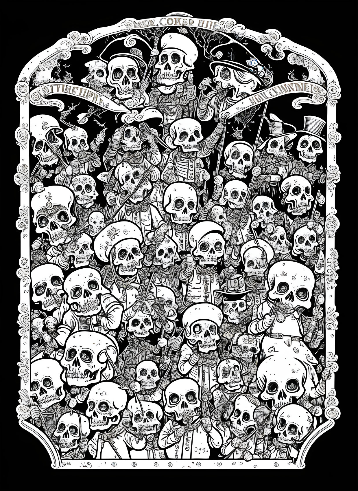 Detailed Skeleton Illustration with Various Poses and Hats in Ornate Border