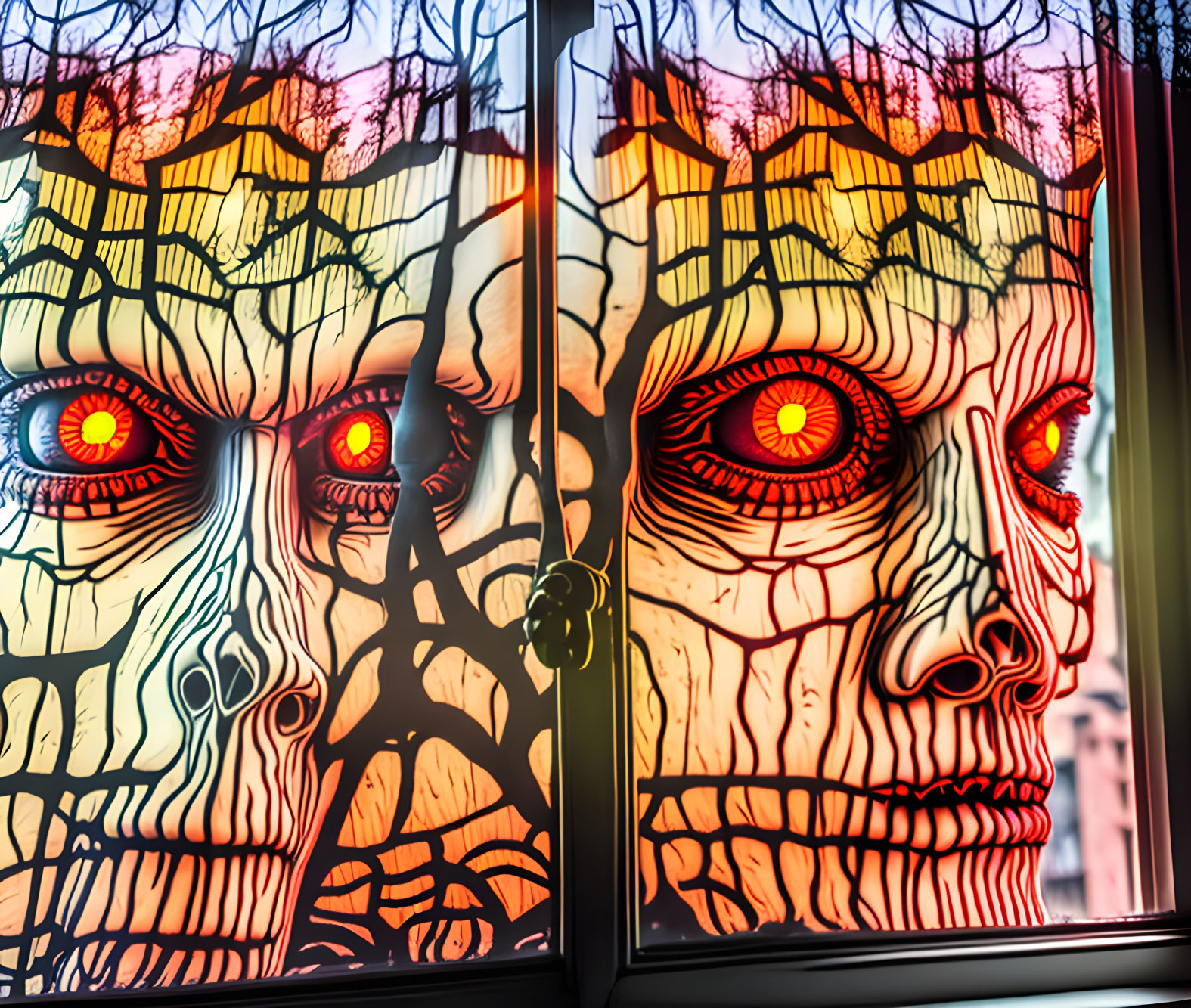 Vibrant skeletal faces in stained glass window with red eyes, urban and tree backdrop