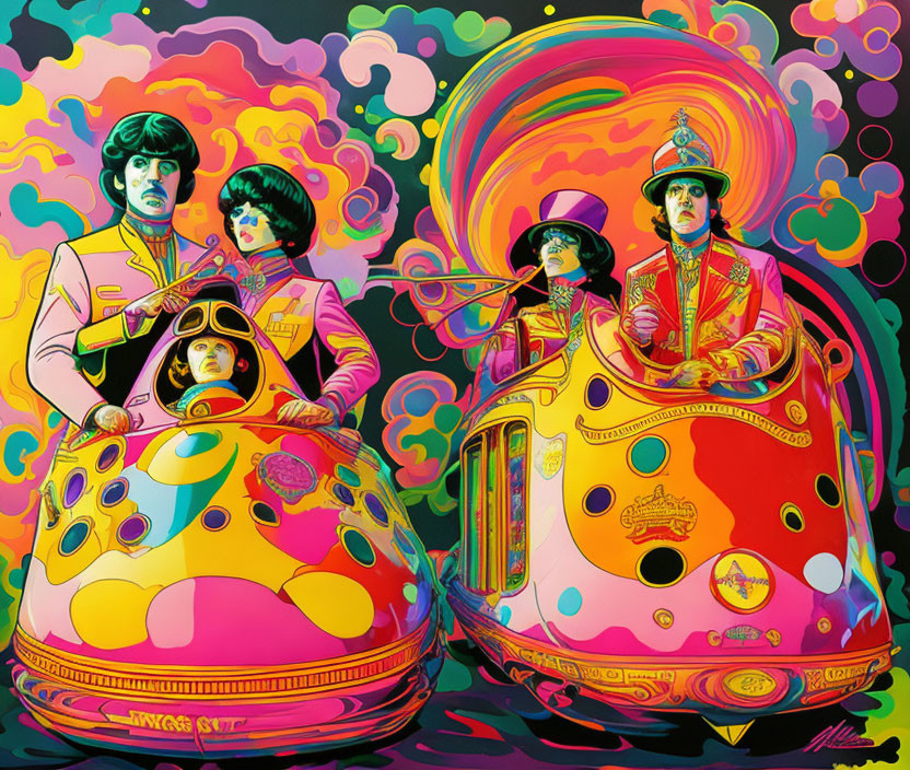 Vibrant Psychedelic Artwork of Four Figures in Vintage Military Costumes