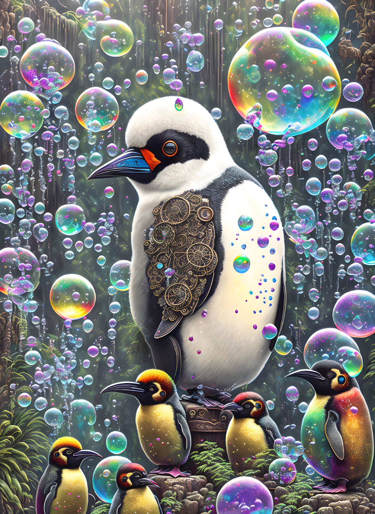 Detailed Penguin Illustration with Gear Patterns and Colorful Bubbles