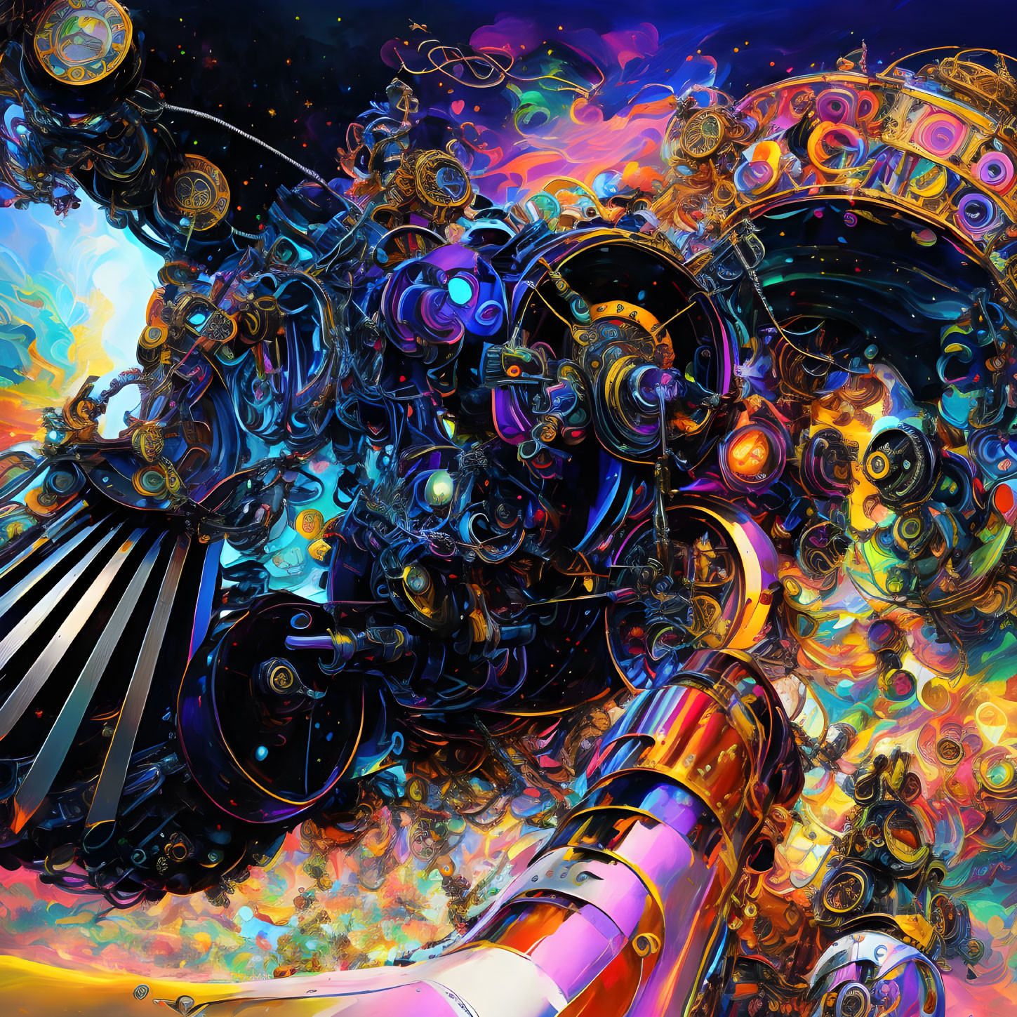 Colorful Abstract Artwork with Mechanical Parts and Cosmic Patterns