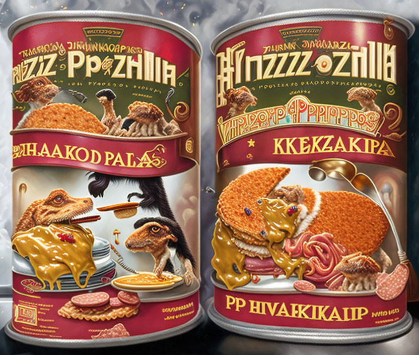 Whimsical canned food labels with dinosaur chefs and sausages