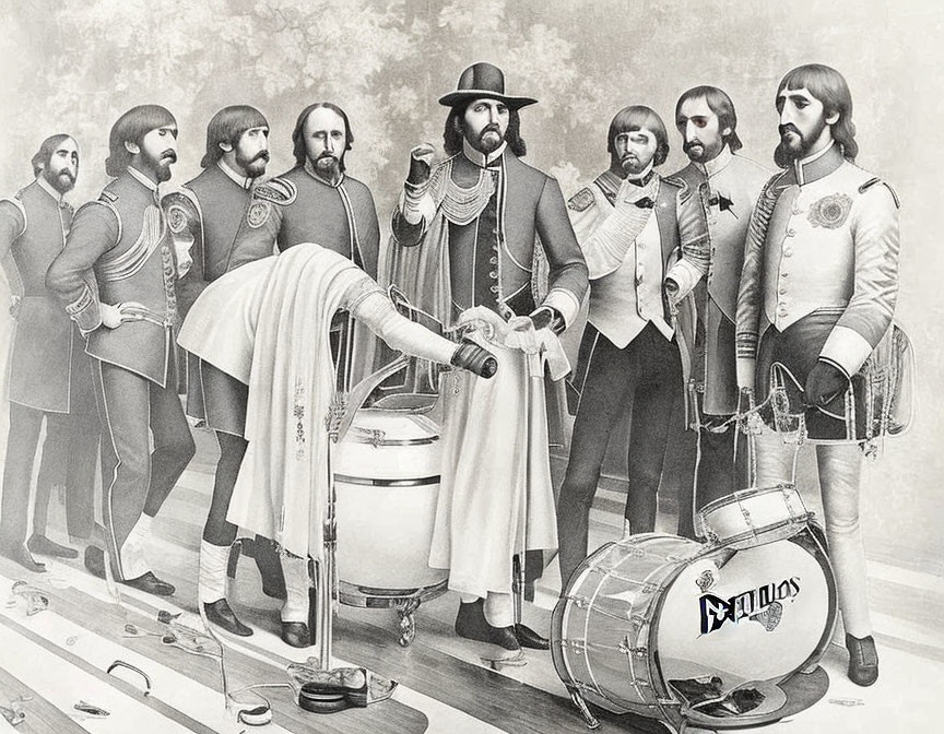 Historical men in black and white illustration with musical instruments