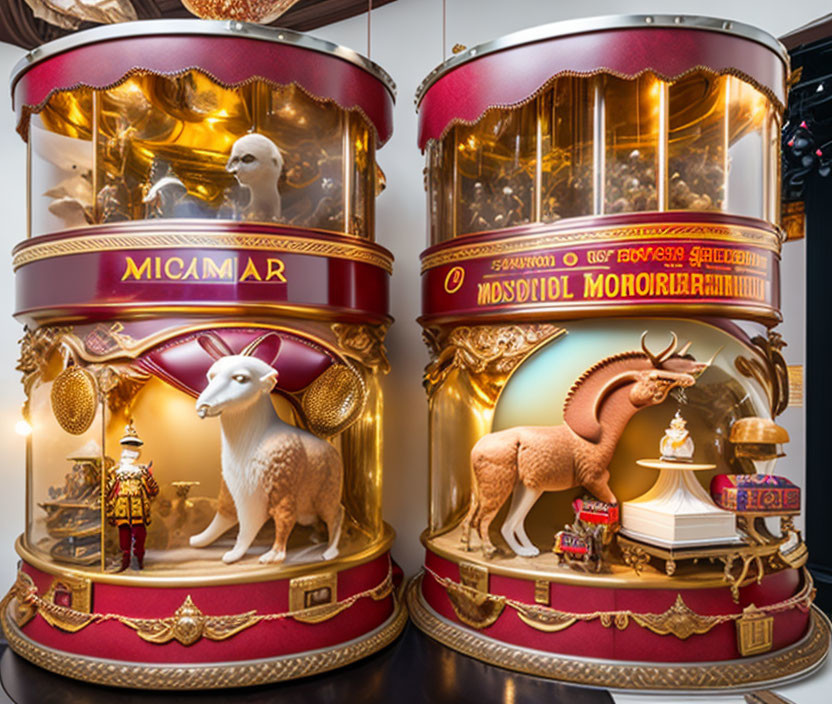 Ornate cylindrical displays with golden animal models and decorations