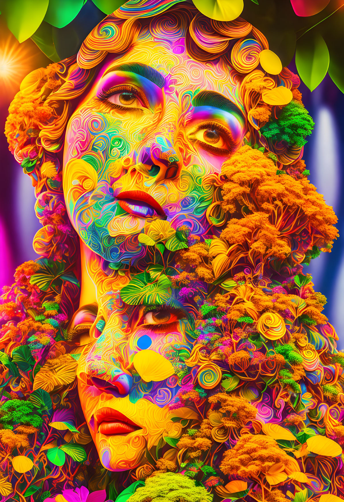 Colorful psychedelic woman's face surrounded by flowers and foliage