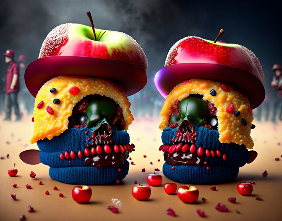 Skull-shaped cookies with apple slice hats on shadowy background