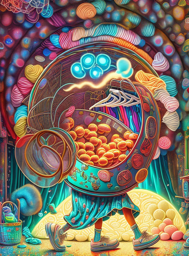 Colorful Psychedelic Humanoid Figure with Laundry Basket in Whimsical Environment