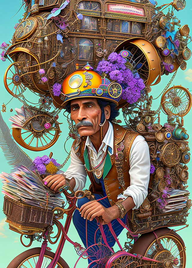 Illustration of man with mustache on bike with decorative helmet, mechanical and floral details, under blue