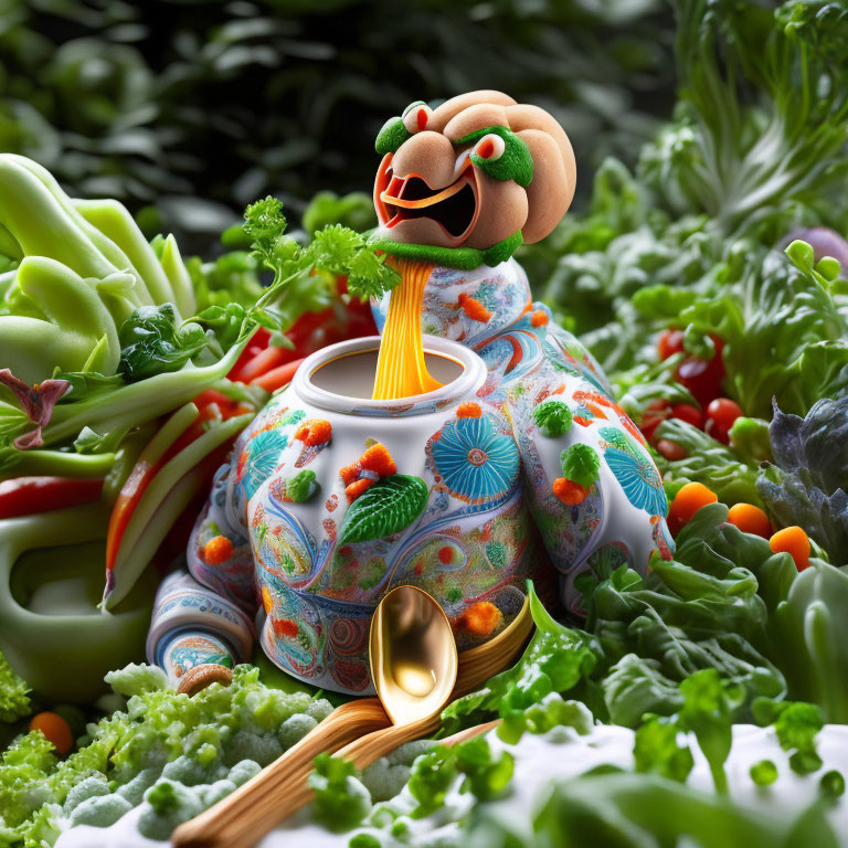 Colorful Patterned Teapot Sculpture with Spaghetti and Vegetables