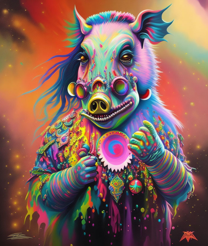 Colorful Psychedelic Anthropomorphic Boar with Ring and Intricate Design