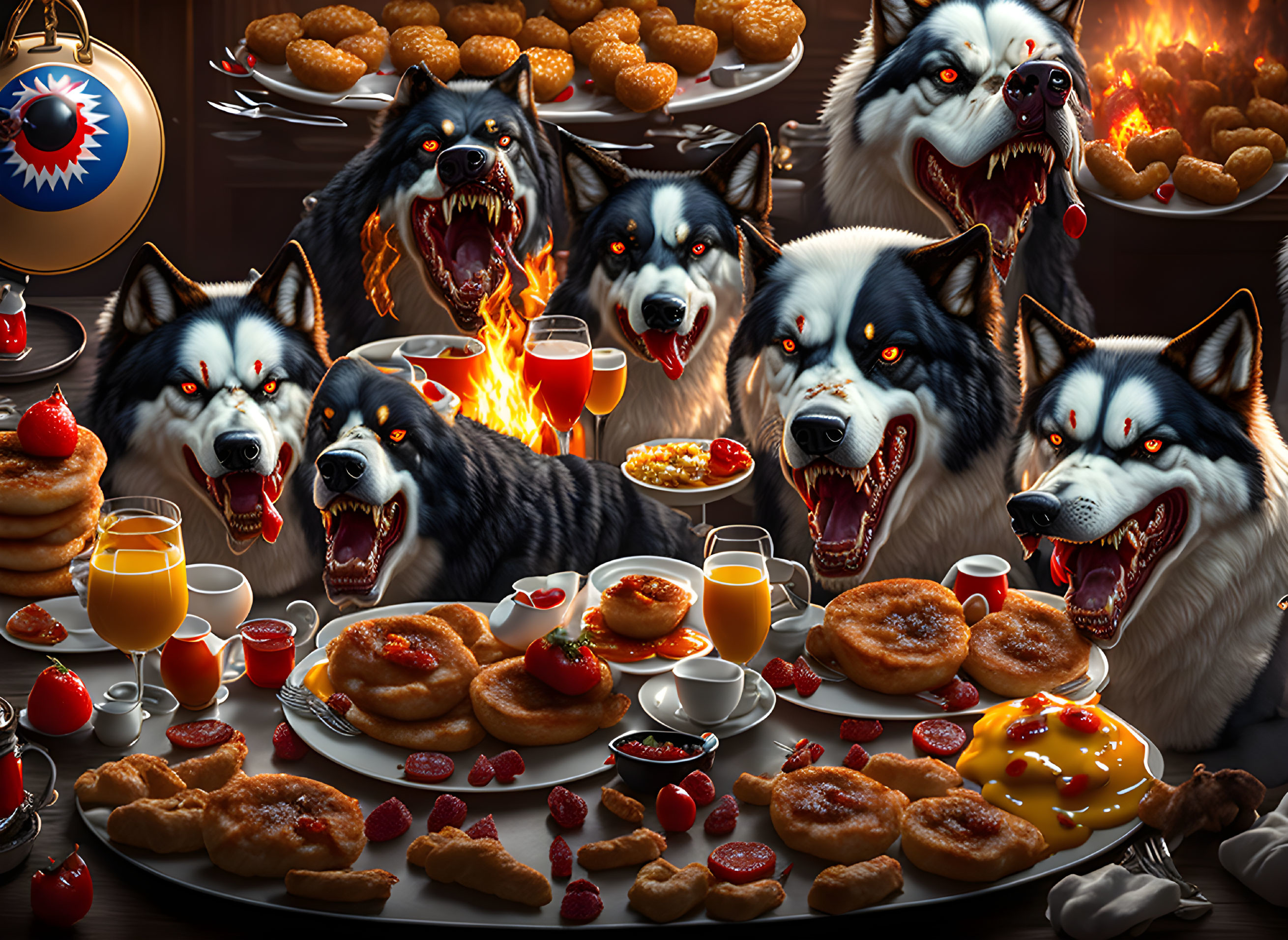 Anthropomorphic wolves at lavish breakfast table, snarling.