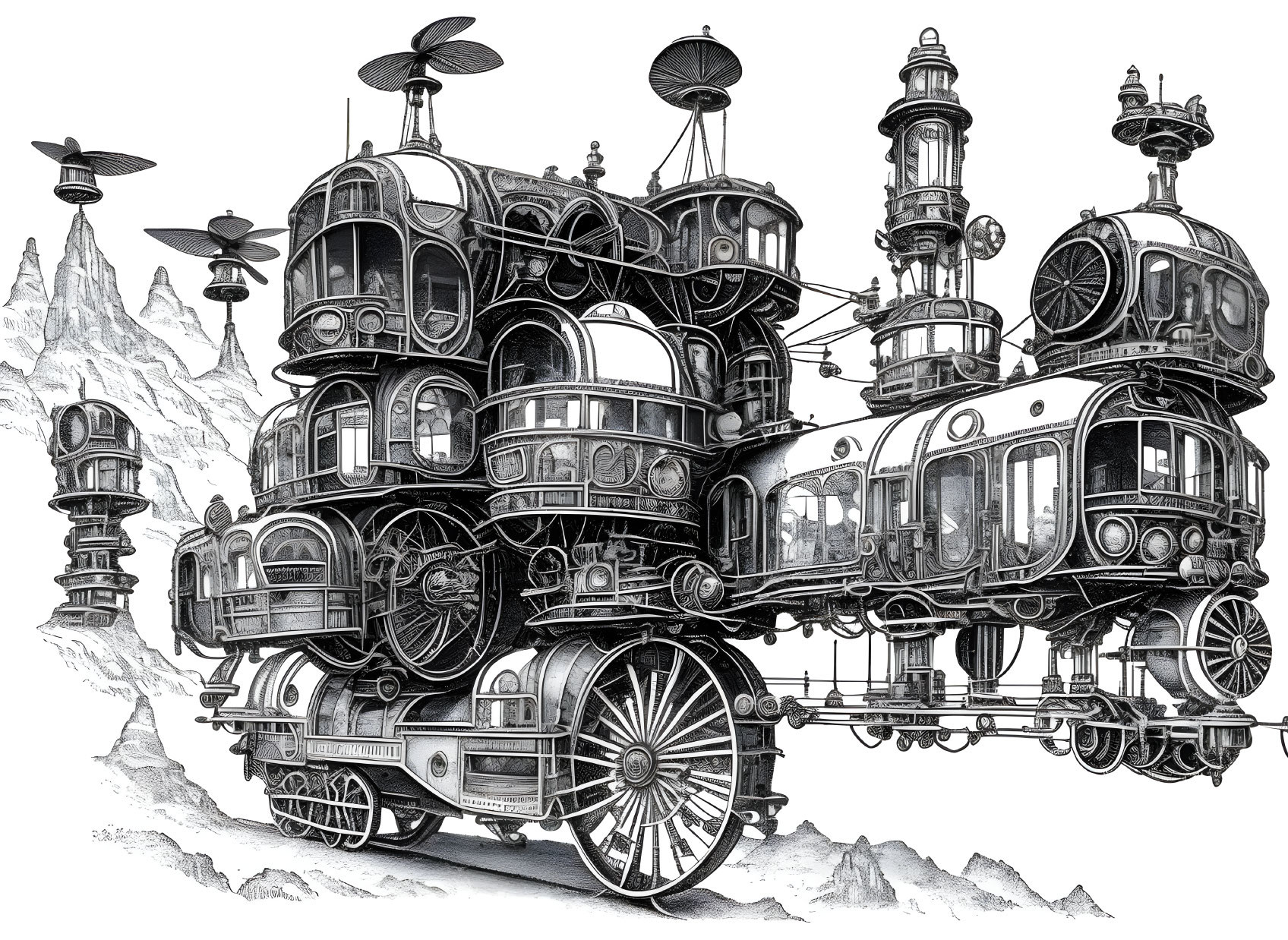 Detailed steampunk locomotive illustration with mechanical appendages and gears against mountain backdrop