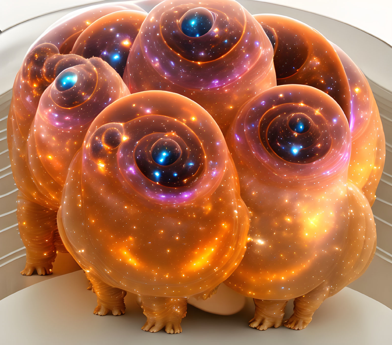 Transparent Spiral Shell Creatures Amidst Stars and Galaxies