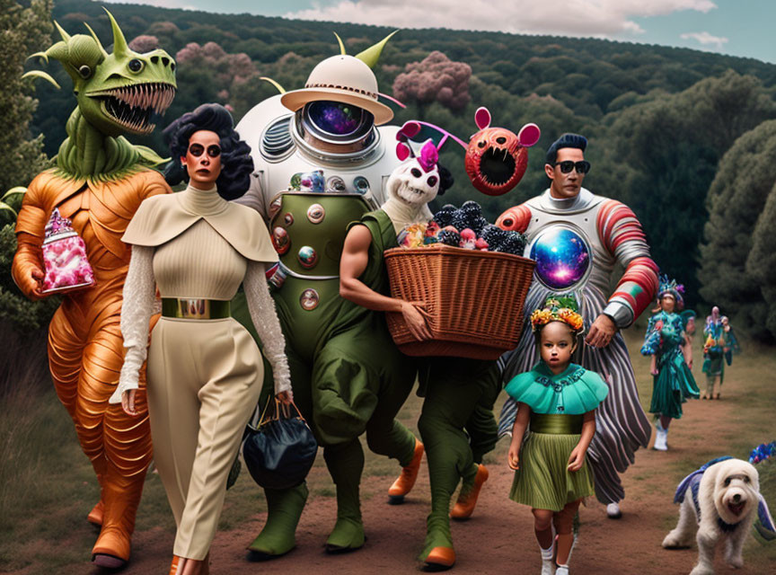 Colorful Characters in Space and Creature Costumes Walking in Forest