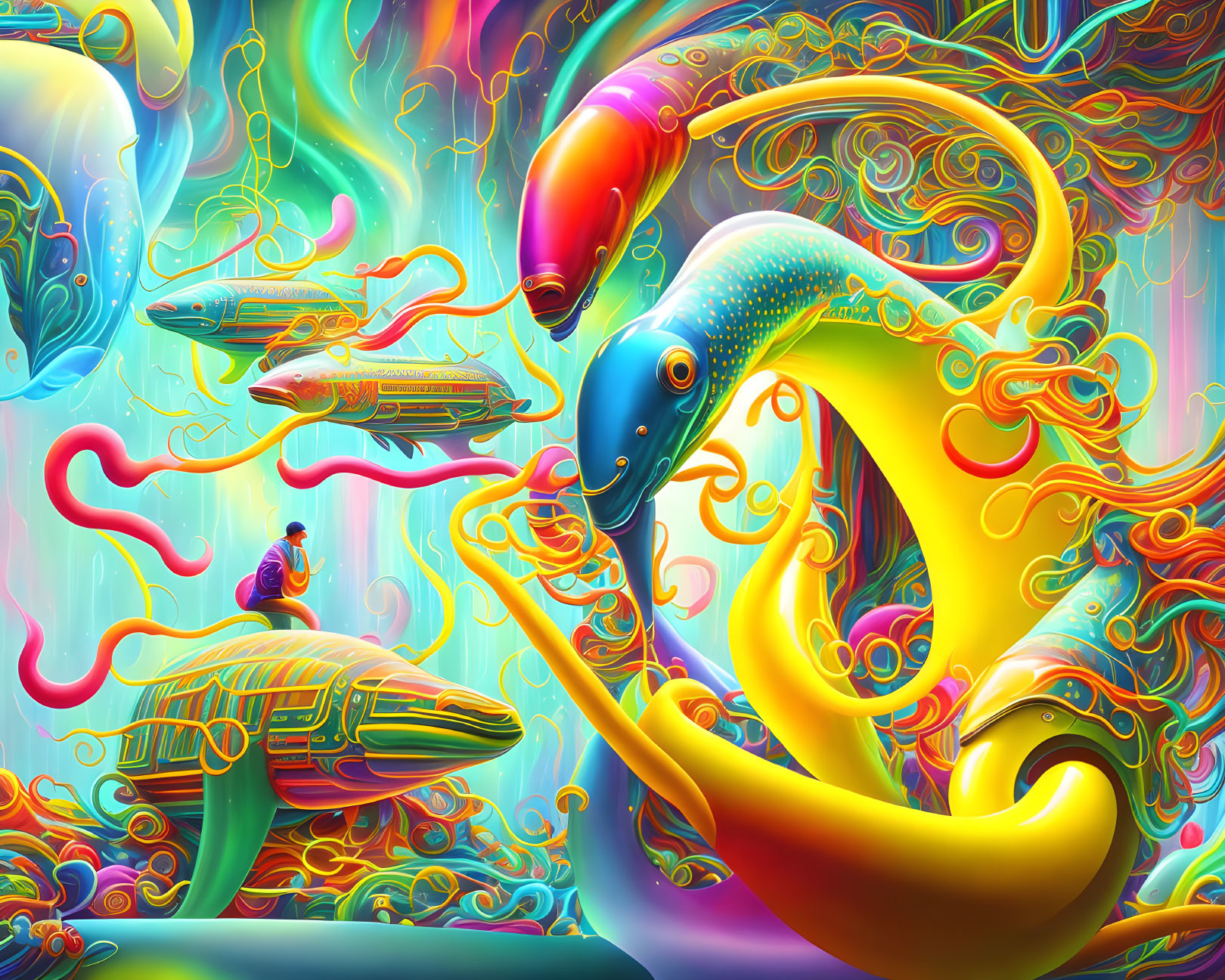 Colorful Surreal Illustration of Fantastical Creatures and Shapes