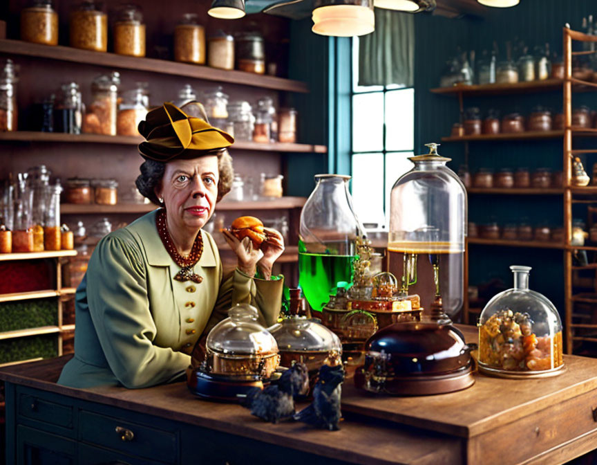 Vintage-dressed woman samples food in old-fashioned kitchen.