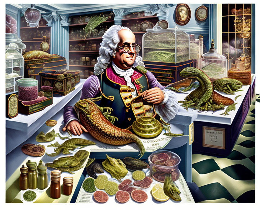 18th-Century Gentleman in Apothecary with Crocodile-Like Creature