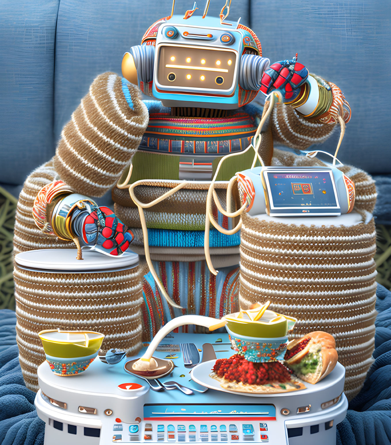 Robot in sweater knitting in cozy home with food and digital device