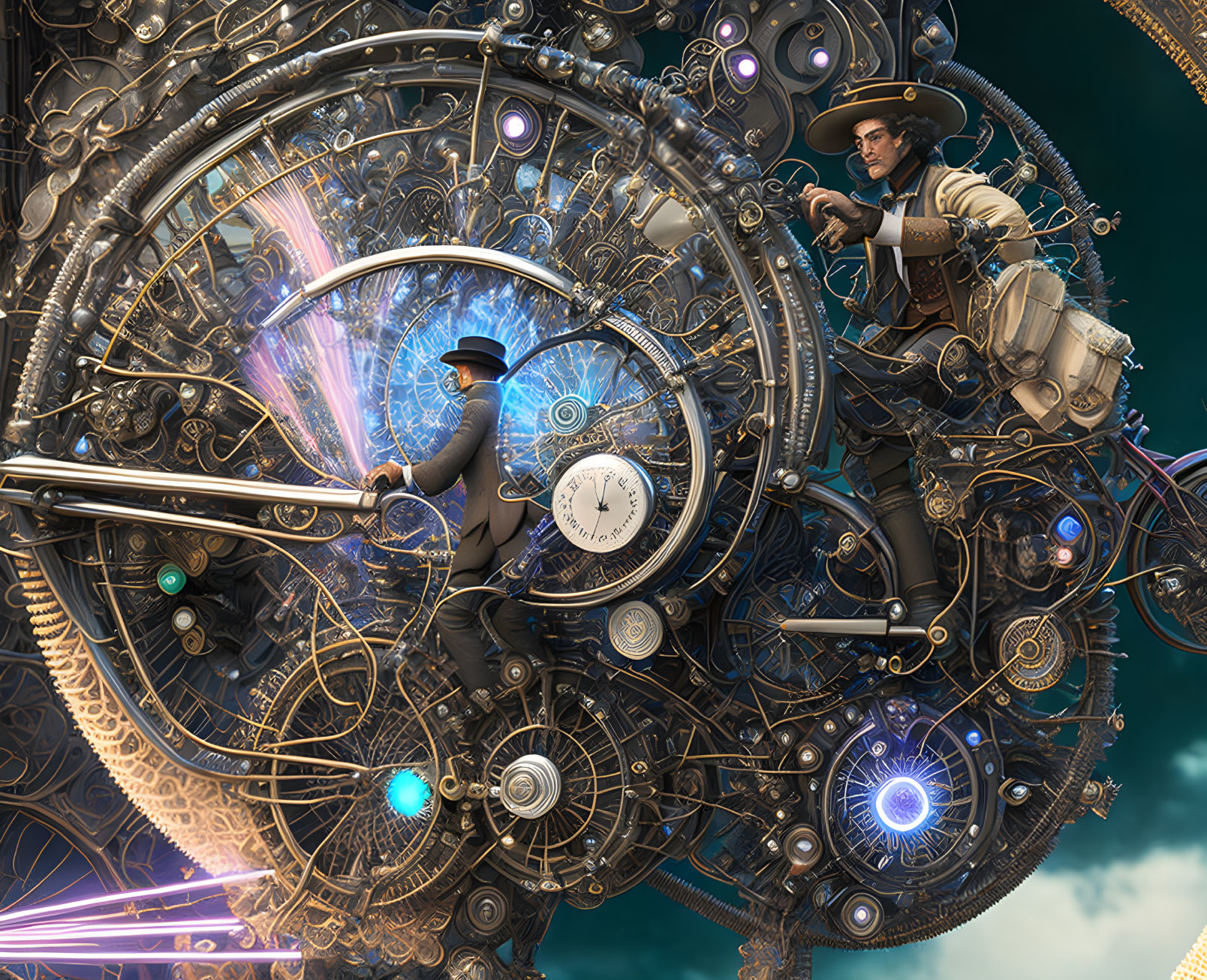 Steampunk scene featuring two individuals with intricate gears and clockwork.