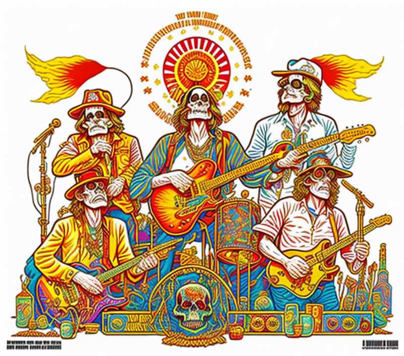 Four skeletal figures in colorful outfits playing guitars amidst psychedelic patterns.