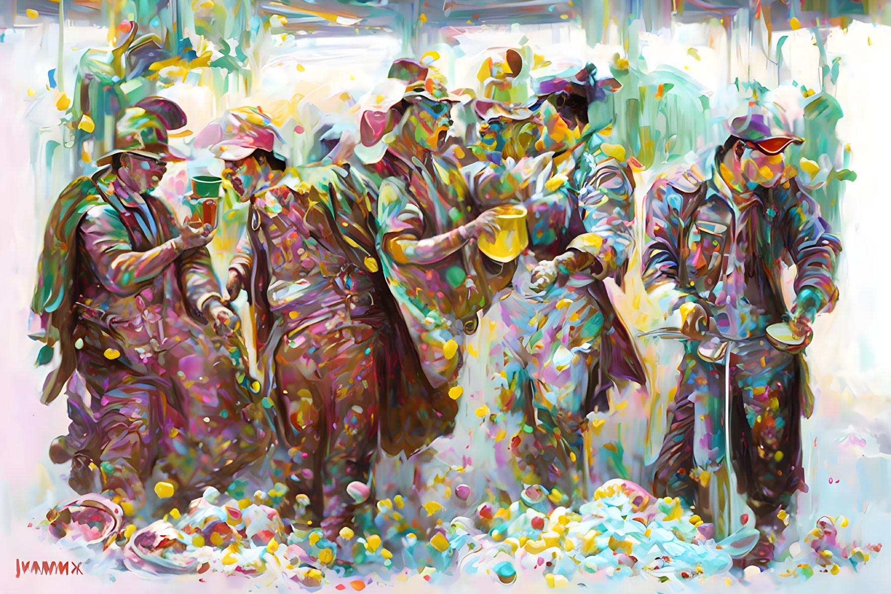 Colorful abstract painting of people celebrating with confetti and balloons