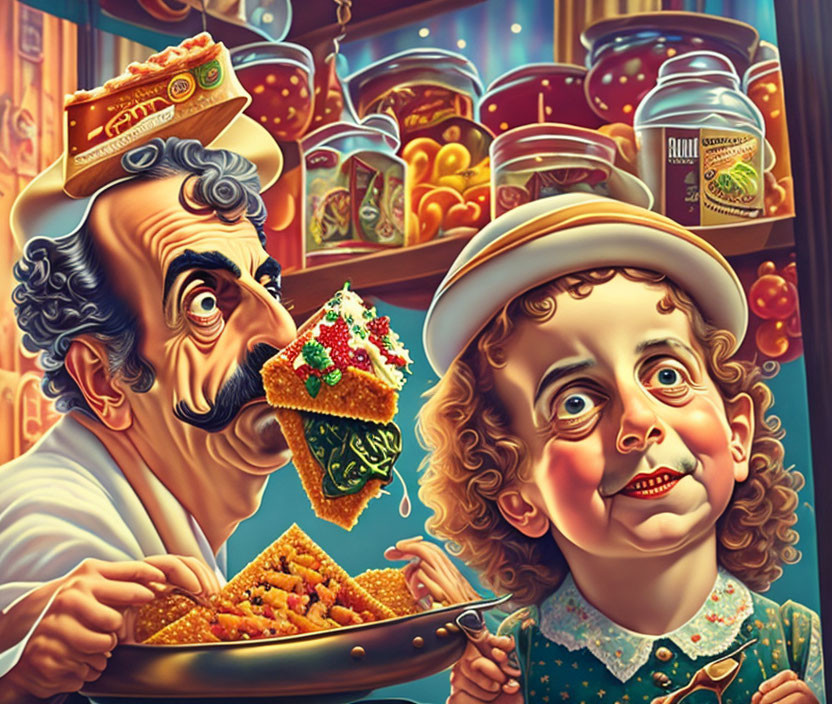 Vibrant illustration of man and girl with cake slices and jars