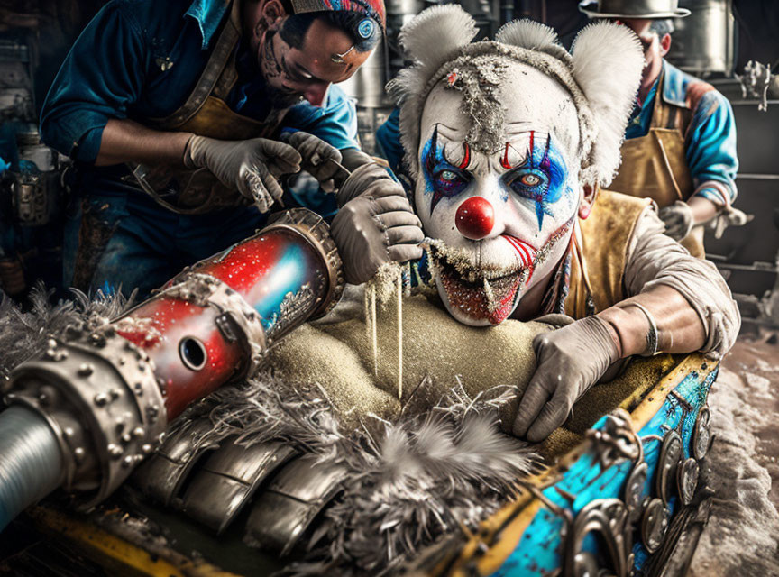 Industrial workers creating surreal clown head with mechanical elements.