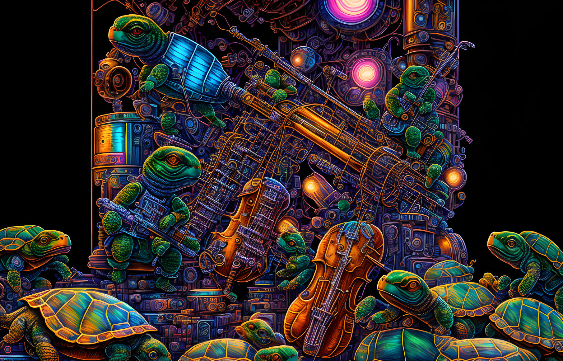 Vibrant digital art: turtles with mechanical and musical motifs on dark backdrop