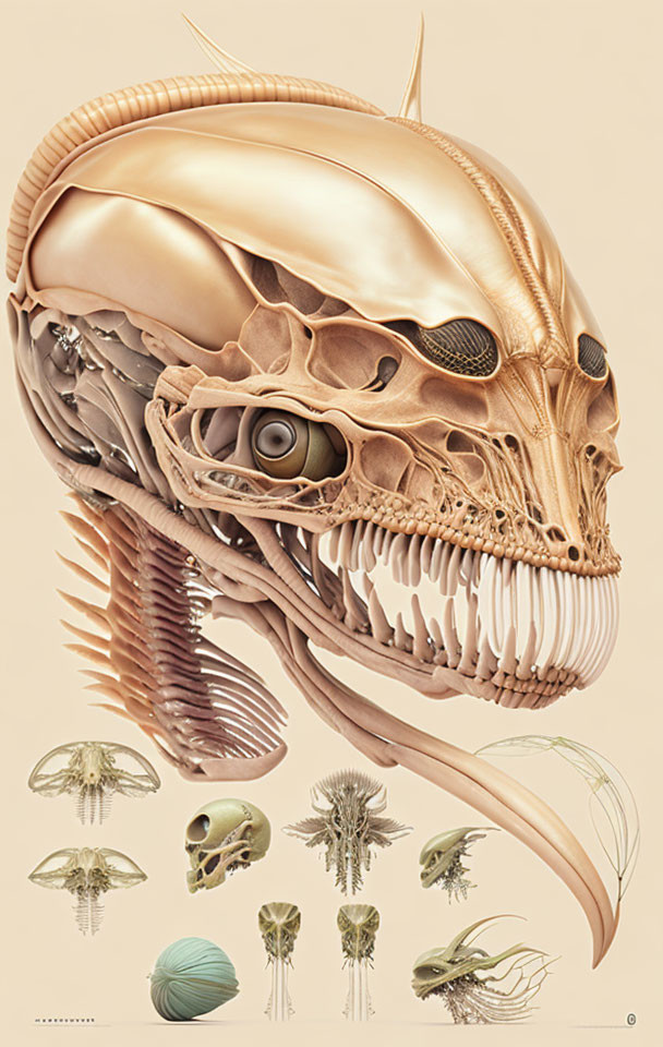 Detailed Anatomical Illustration of Fantastical Creature's Head