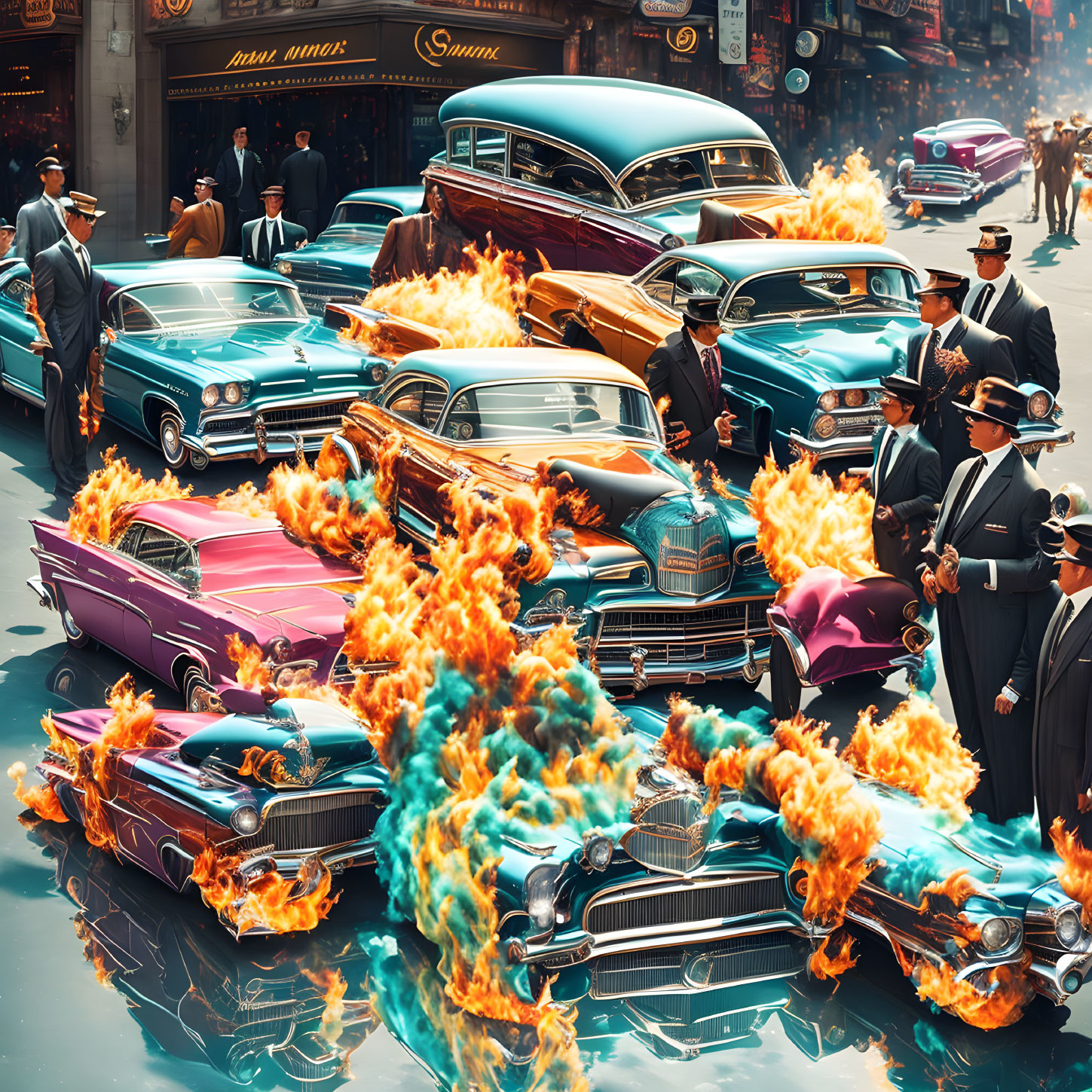 Men in suits with classic cars and fiery engines on vintage street