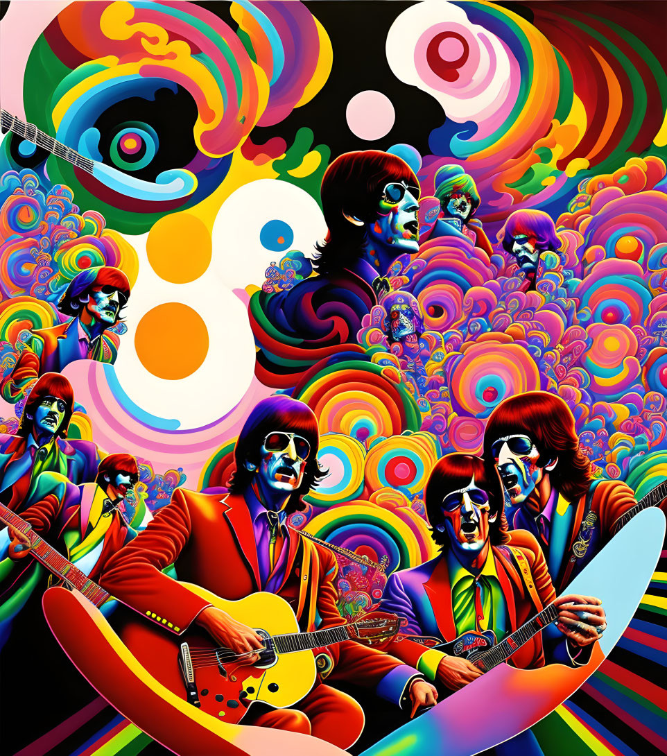 Colorful Psychedelic Artwork of Band Members with Musical Instruments