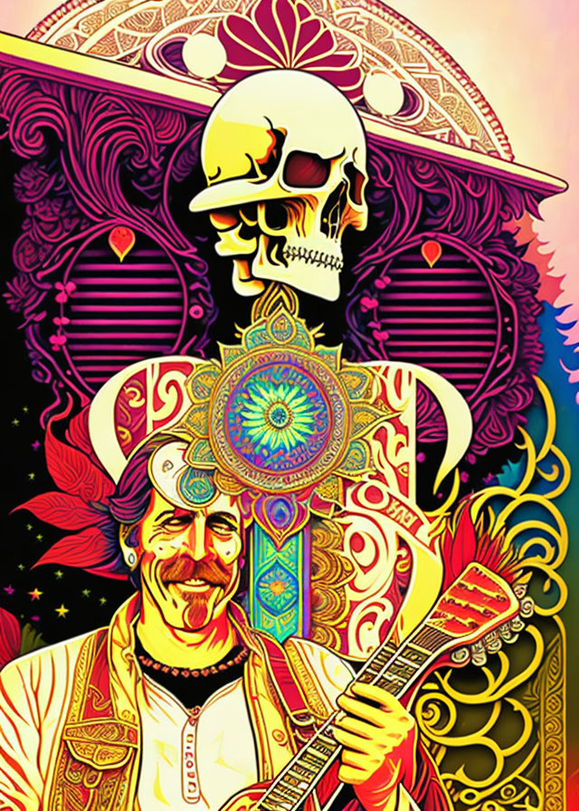 Colorful psychedelic art: smiling man with guitar, skull, and intricate patterns