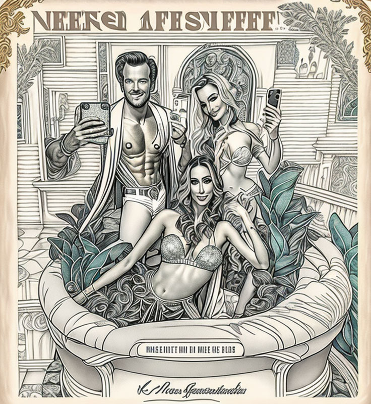 Man and two women in swimwear surrounded by botanical patterns in illustration.