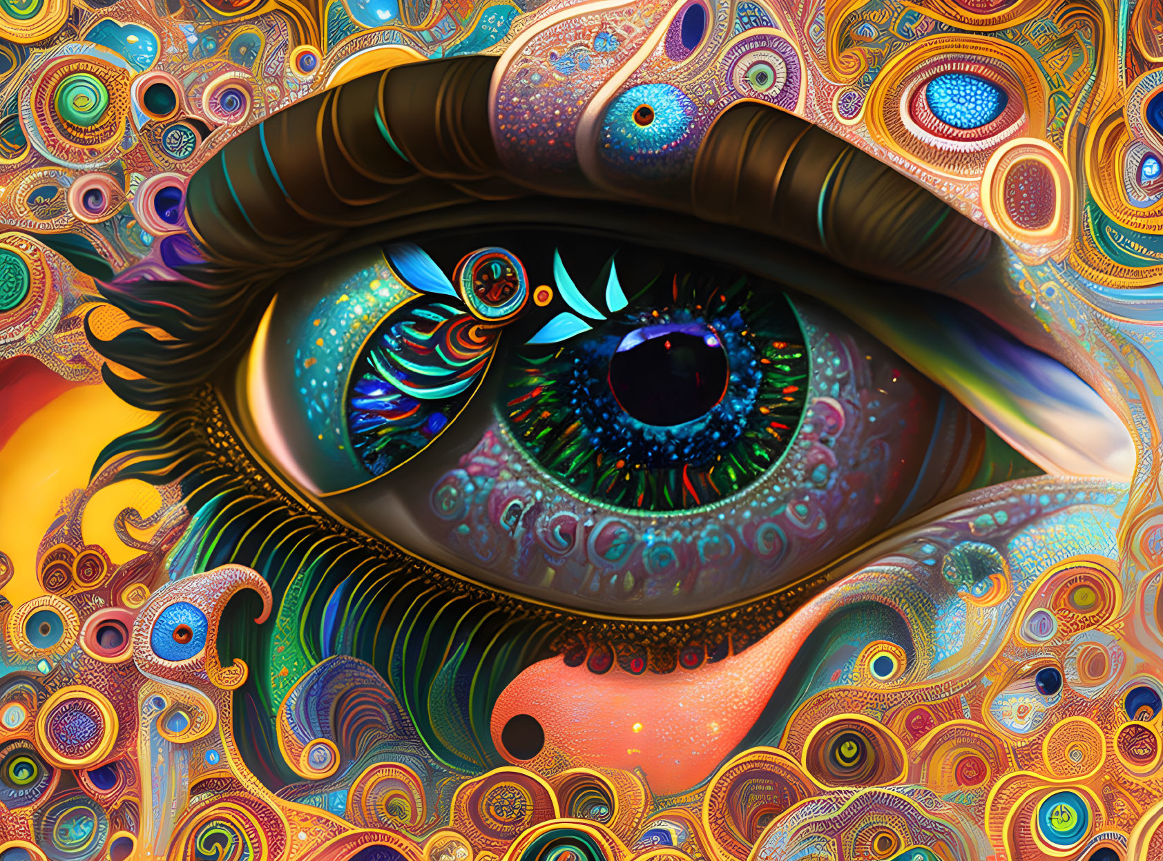 Colorful Psychedelic Eye Art with Peacock Feather Motifs