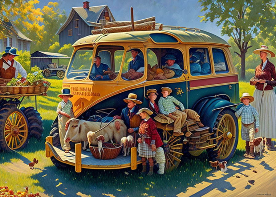 Vibrant painting of rural scene with traditional attire, vintage bus, farm animals, and hay cart