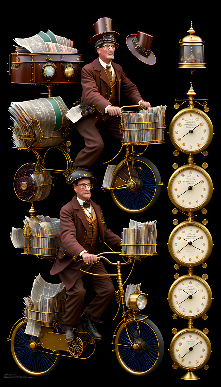 Steampunk-themed illustration of a gentleman on a clockwork bicycle with books and newspapers.