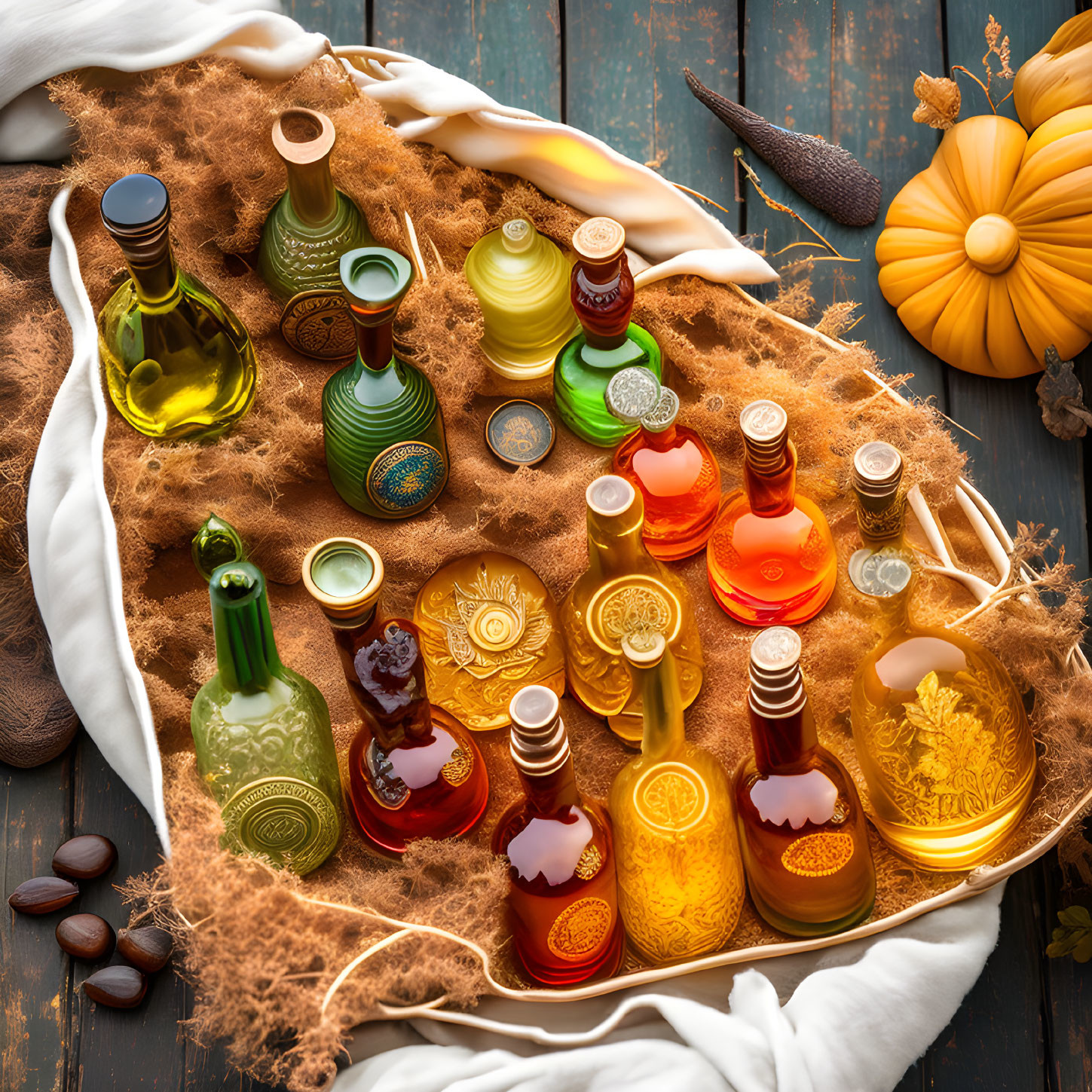 Colorful Potion Bottles with Pumpkin and Coffee Beans on Rustic Wooden Background