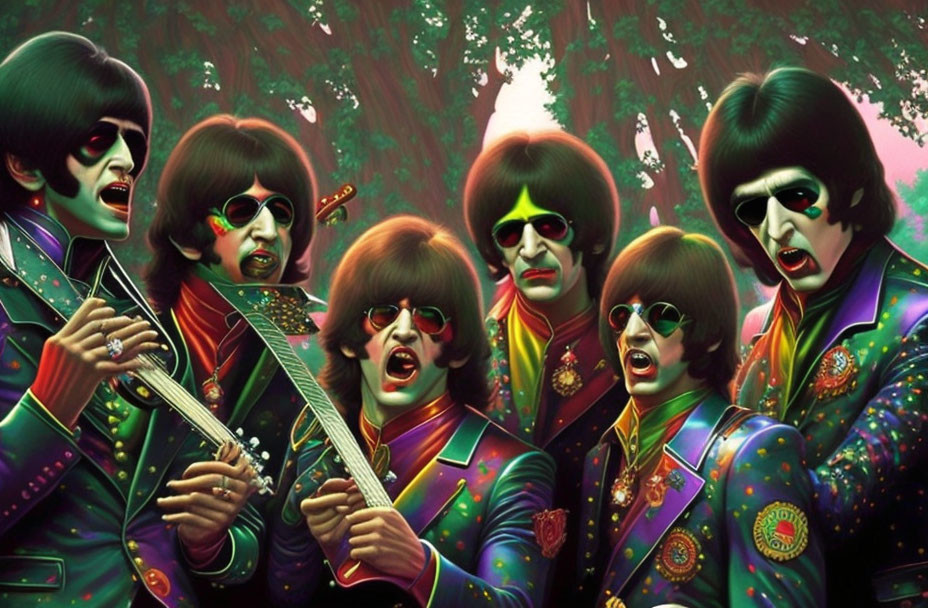 Psychedelic band in 60s-inspired outfits with sunglasses, surrounded by colorful aura in forest setting