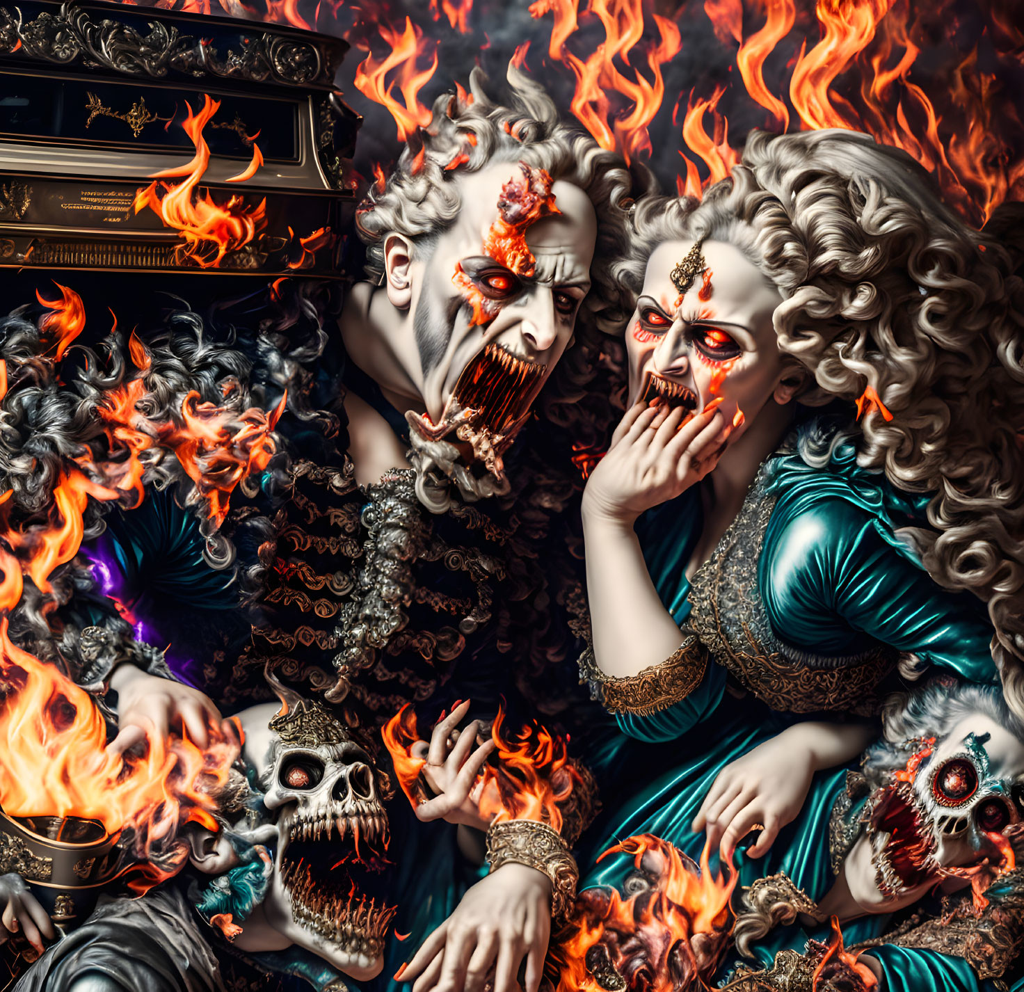 Elaborate Baroque Costumes with Skeletal Makeup in Flames