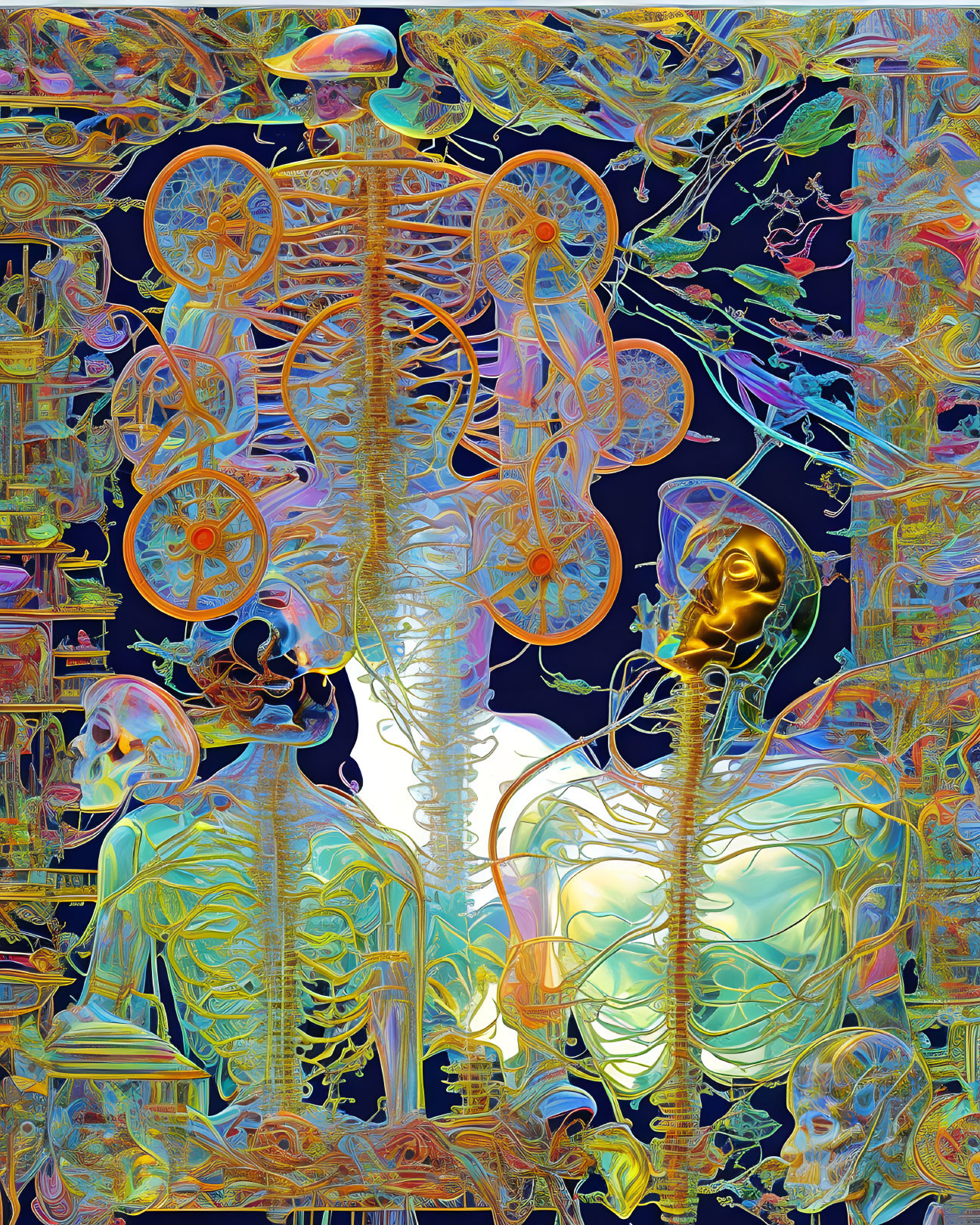 Colorful Abstract Digital Artwork: Two Skeletons with Psychedelic Patterns