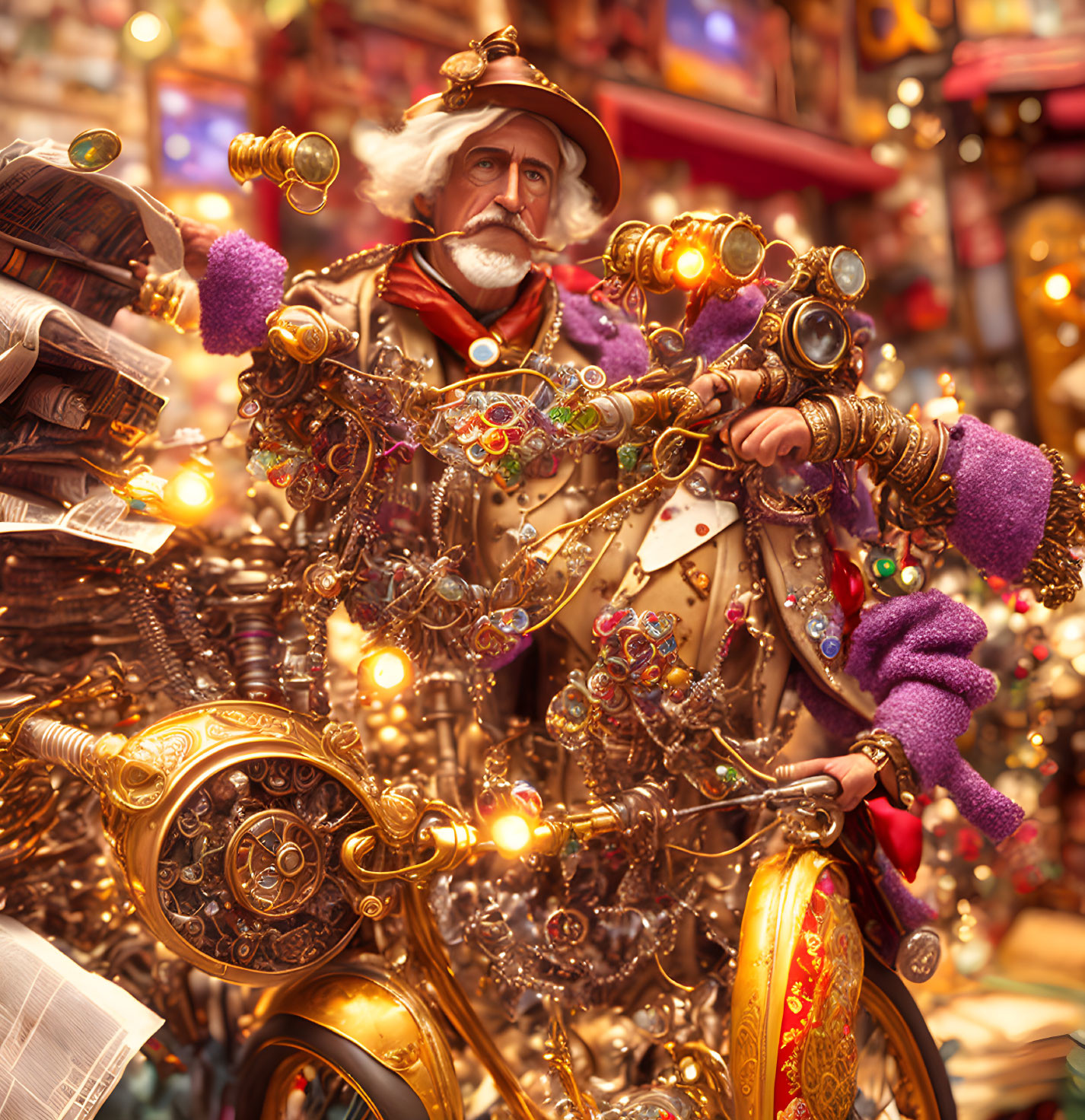 Steampunk inventor with ornate goggles and brass bicycle in whimsical clutter