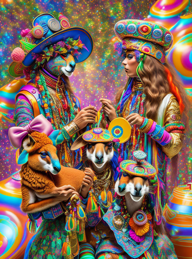 Vibrant costumes and accessories with tambourine, stylized animals, and psychedelic backdrop.
