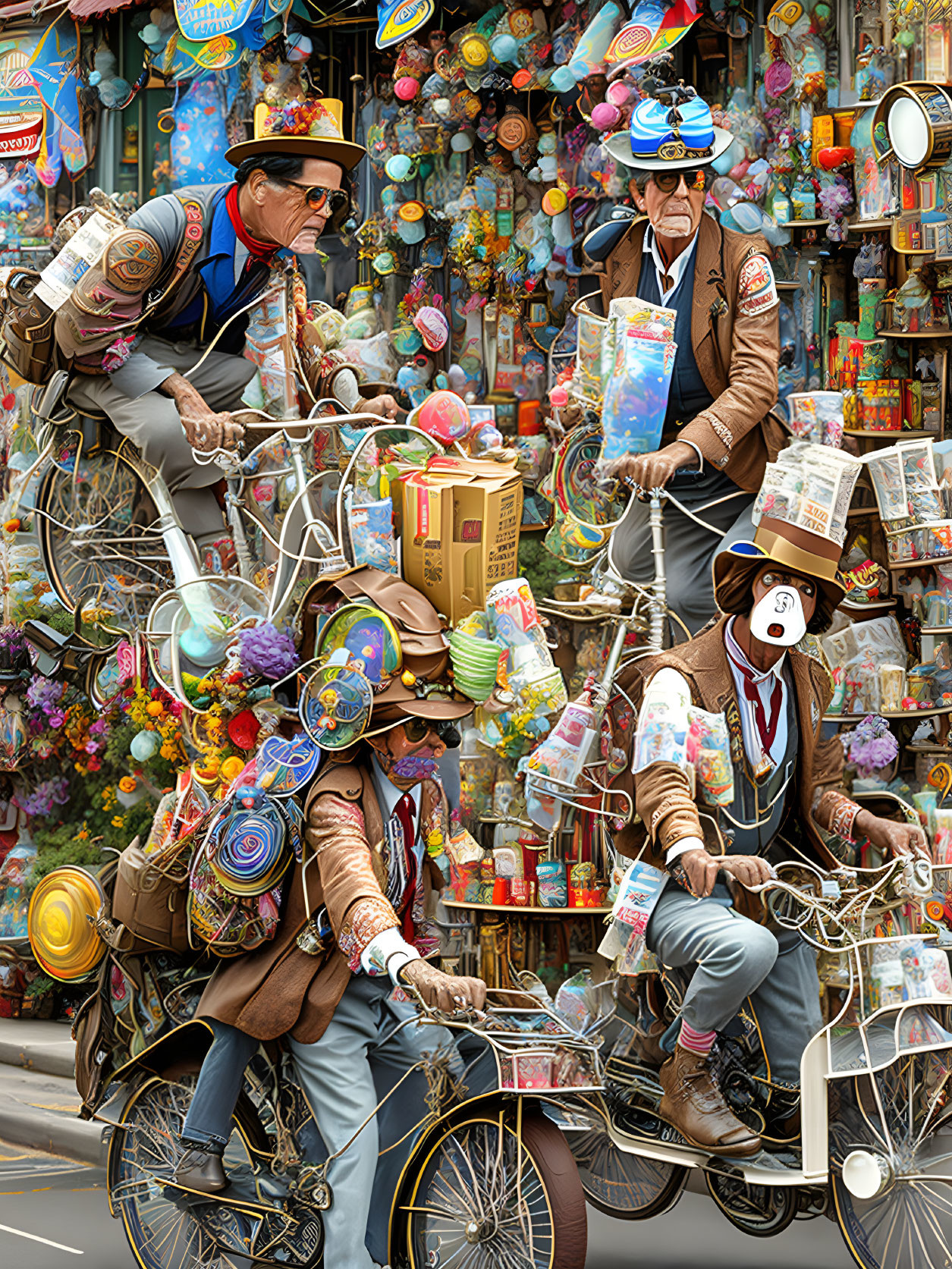 Vibrant illustration of two older men on overloaded bicycles amid colorful background.