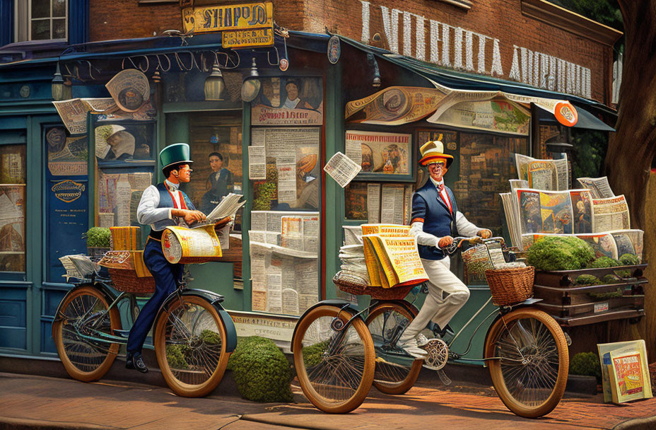 Vintage bicycles scene with elegantly dressed individuals at newsstand