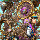 Illustration of man with mustache on bike with decorative helmet, mechanical and floral details, under blue