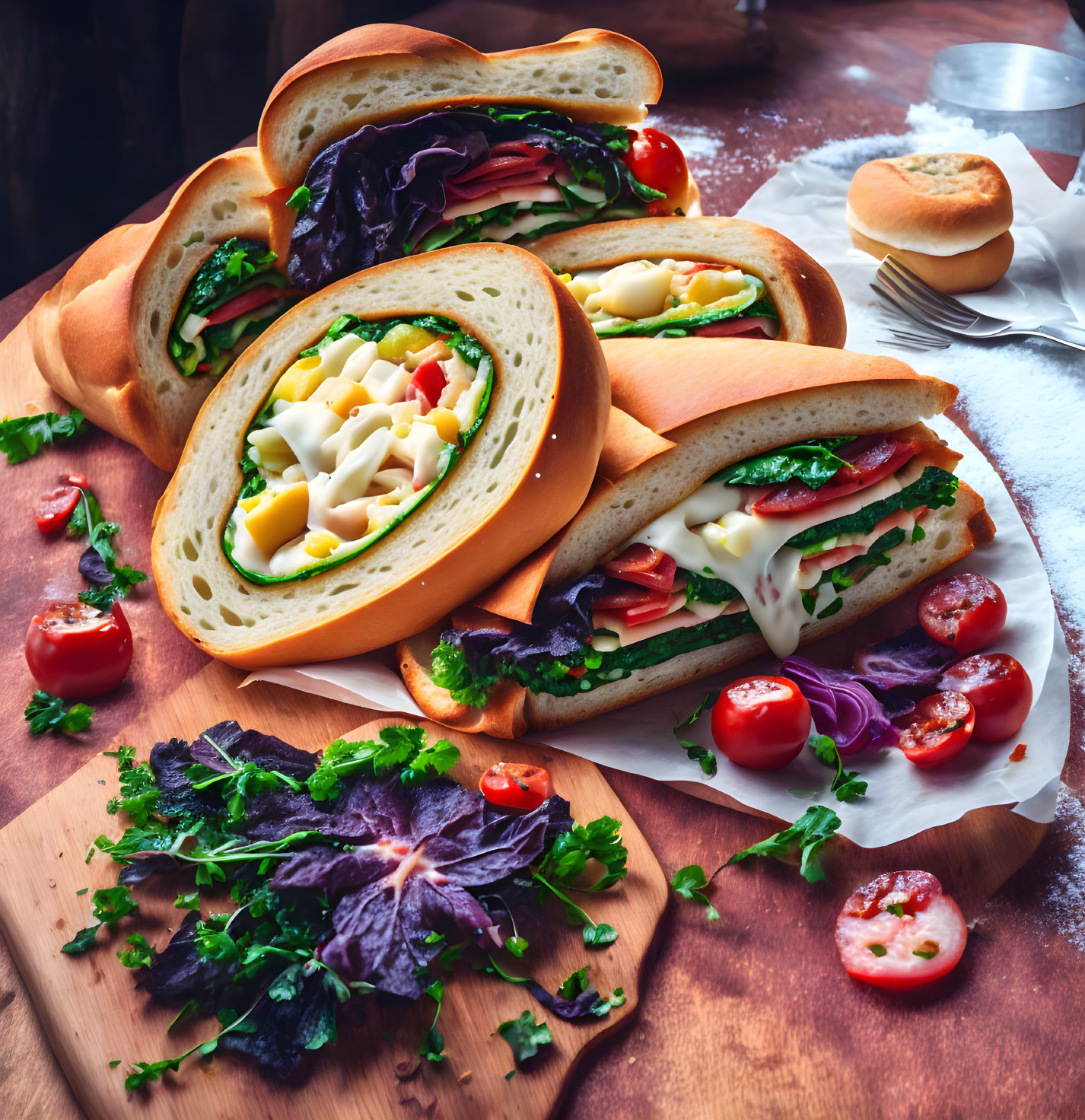 Assorted stuffed sandwiches on wooden board with herbs and tomatoes