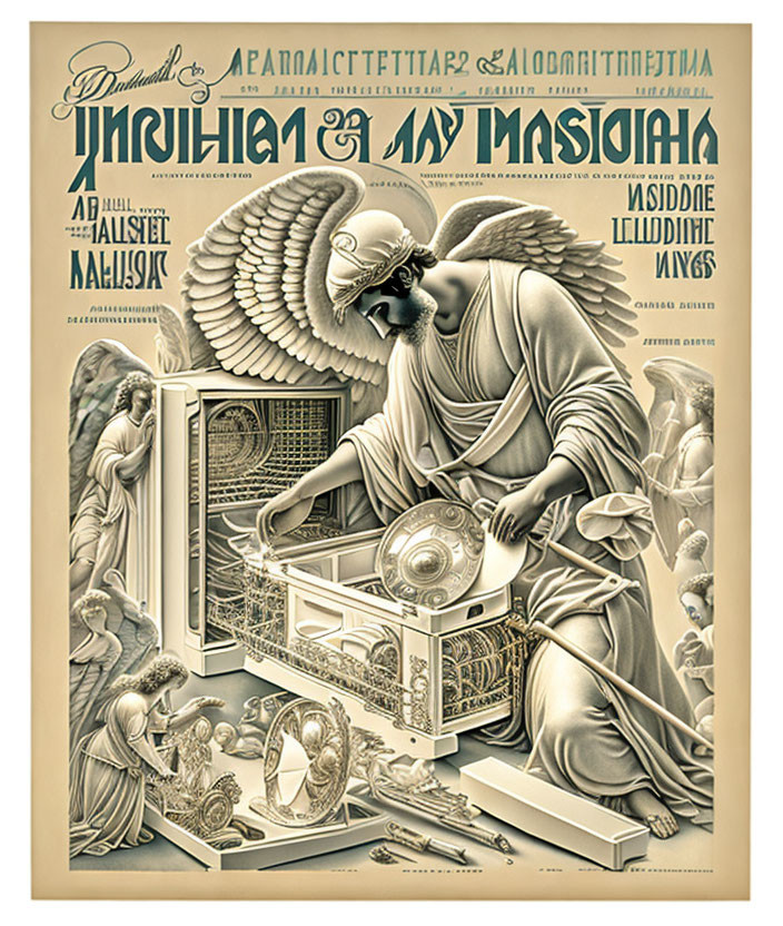 Sepia-Toned Illustration of Angelic Figure with Mechanical Device