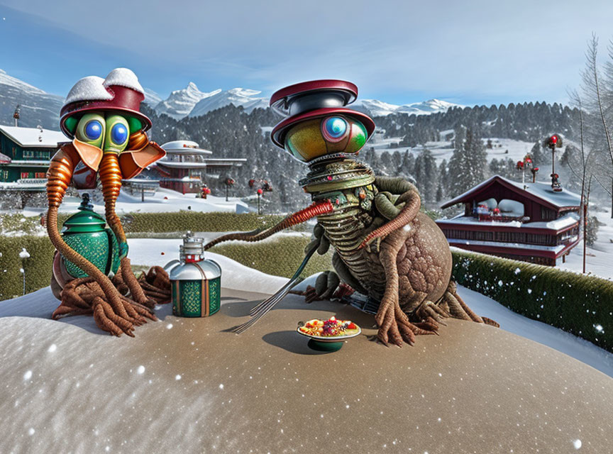 Whimsical robot aliens sharing meal on rooftop with snowy mountain backdrop