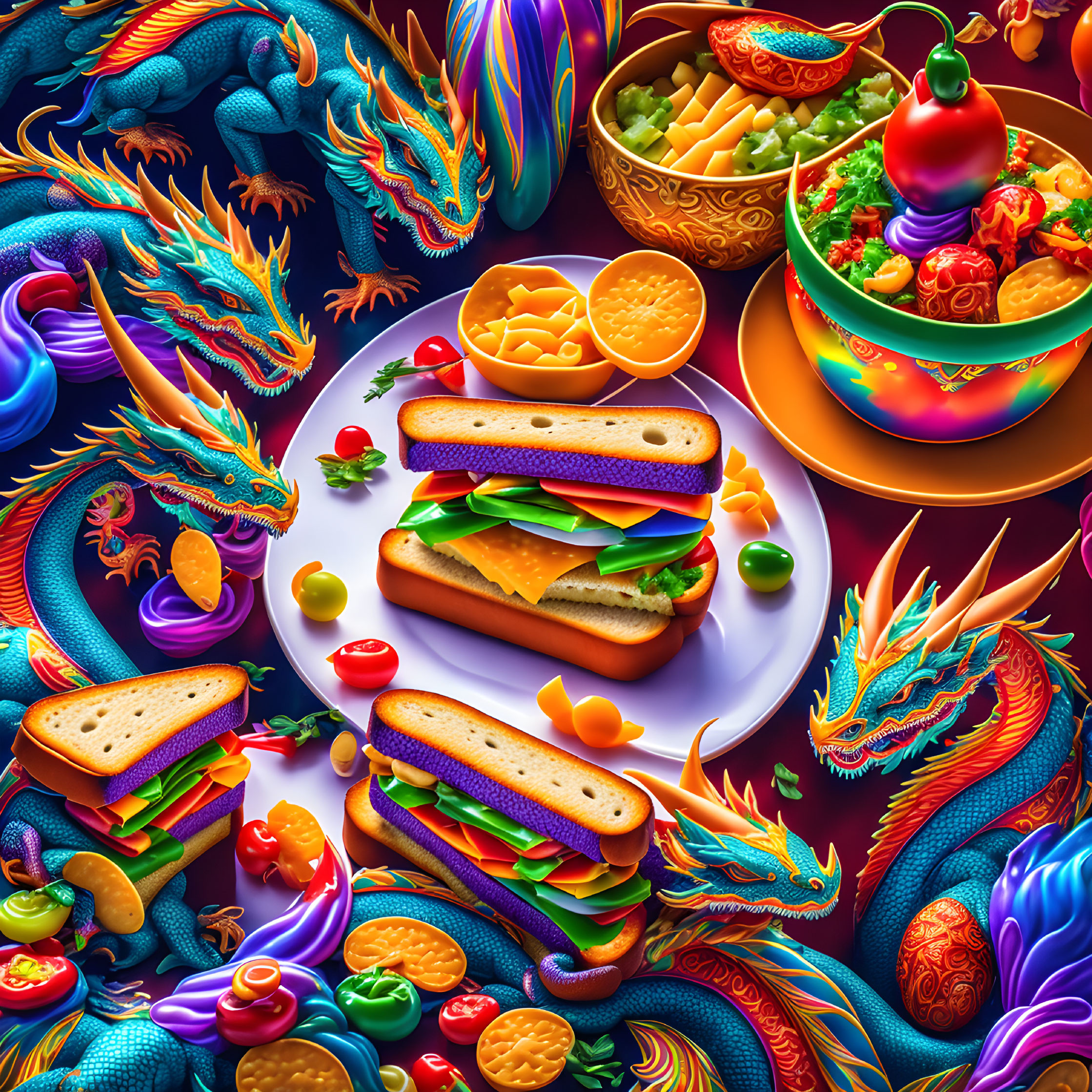 Colorful Feast Illustration with Dragons on Dark Background